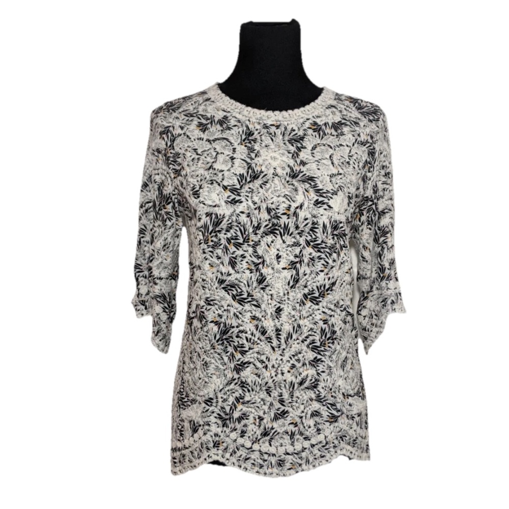 Solitaire Black and White Embroidered Scallop Hem Boho Blouse Medium